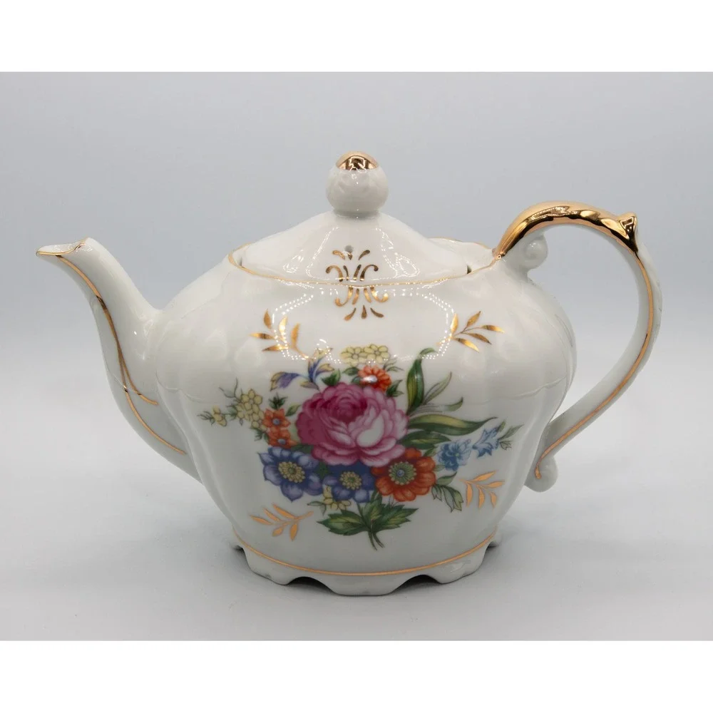 Vintage Musical Teapot Porcelain Floral Gold Trim Made in‎ Japan Wind Up Music